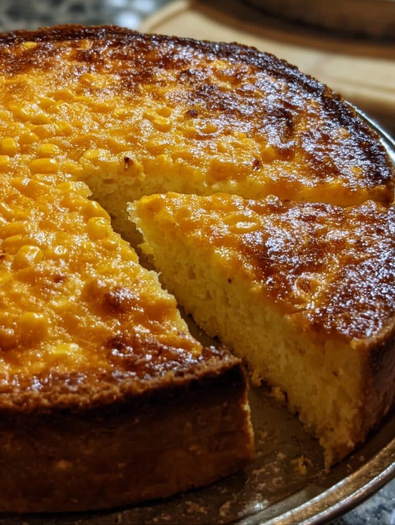 Pastel de elote y queso casero recién horneado, con superficie dorada y textura cremosa.