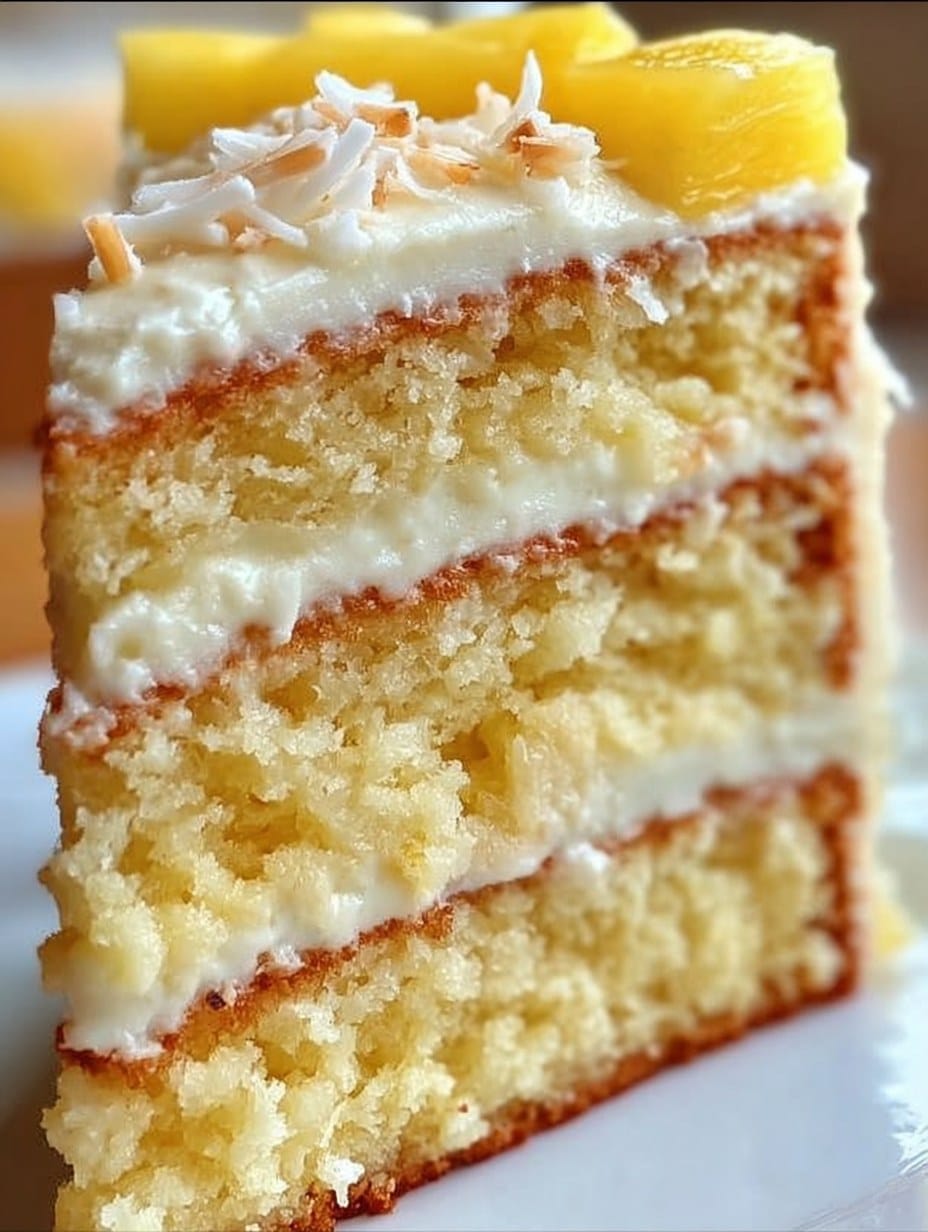 Rebanada de pastel de piña y coco con glaseado de queso crema, decorado con piña fresca y coco tostado.