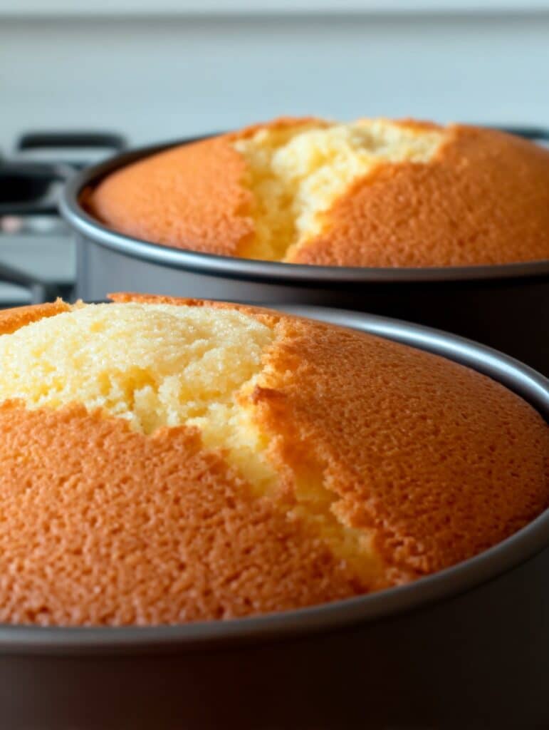 Dos pasteles esponjosos dorados en moldes redondos, recién salidos del horno.