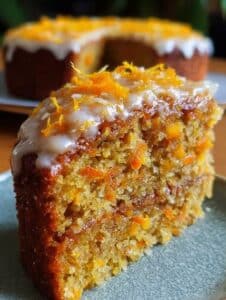 Tarta de zanahoria y naranja sin harina ni azúcar, decorada con ralladura de naranja y glaseado