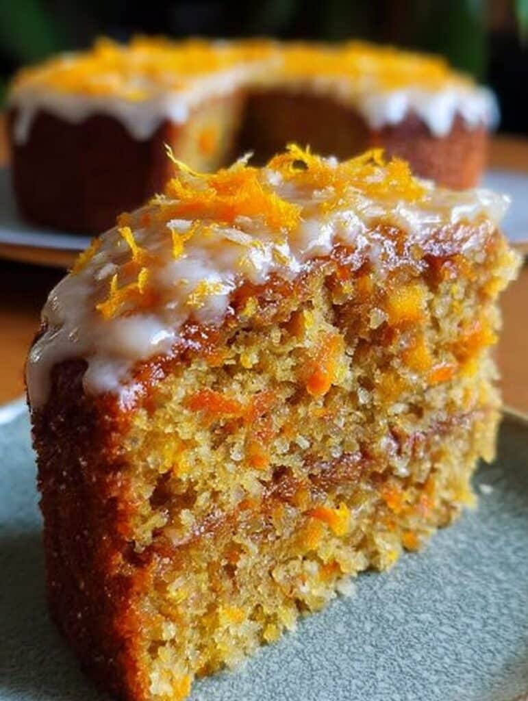 Tarta de zanahoria y naranja sin harina ni azúcar, decorada con ralladura de naranja y glaseado