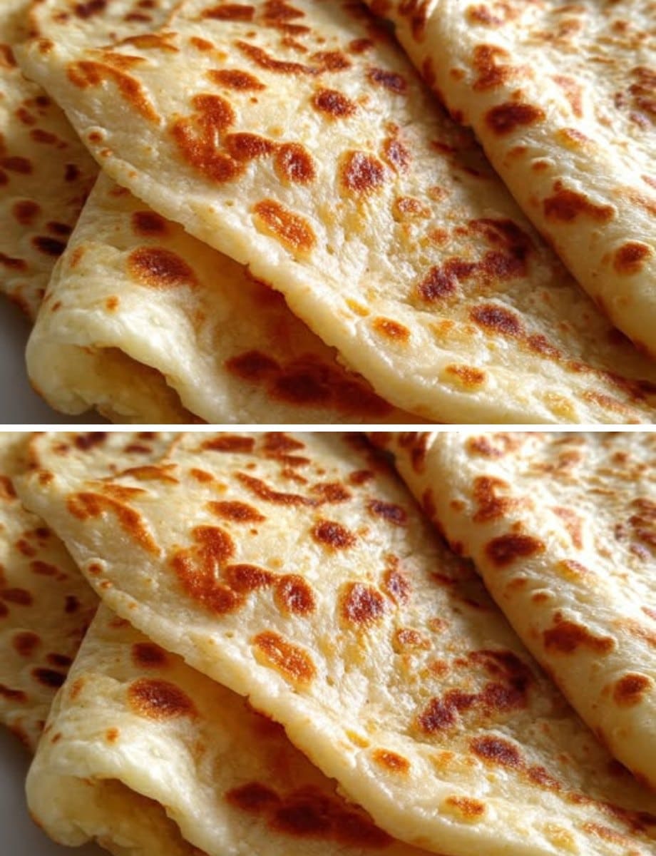 Tortillas de requesón doradas y flexibles, recién hechas, apiladas sobre un plato blanco.